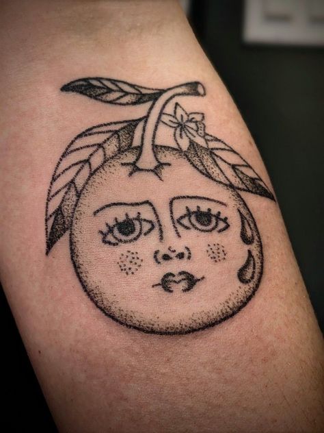 Fruit With Faces Tattoo, Orange Tattoo Traditional, Orange Slice Tattoo Traditional, Arm Sticker Sleeve, Orange Tattoo Black And White, Orange Juice Tattoo, Oranges Tattoo, Clementine Tattoo, Orange Tattoos