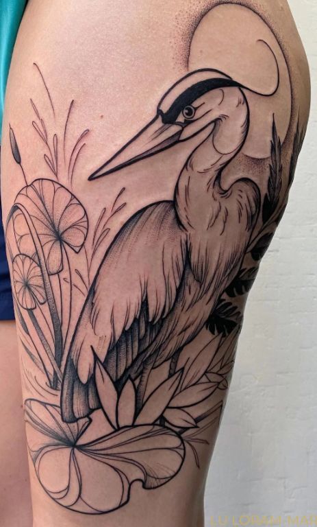 Herron Tattoo, Nature Inspired Tattoos, Foliage Tattoo, Crane Illustration, Heron Illustration, Heron Tattoo, Crane Tattoo, Torso Tattoos, Mushroom Tattoos