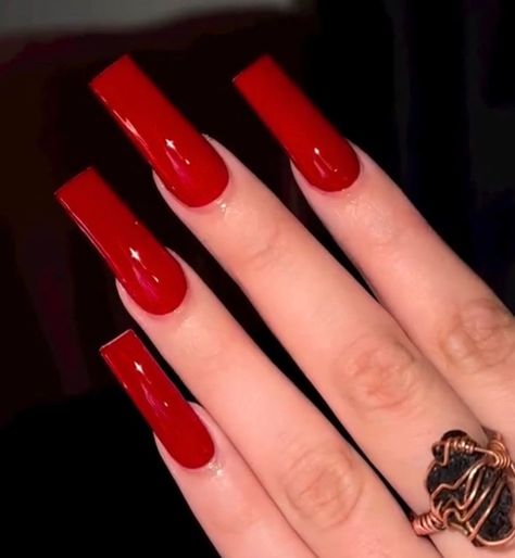 Sahlt Alycia Nails, Red Rhinestone Acrylic Nails, Solid Red Nails, Red Square Acrylic Nails, Square Red Nails, Chrome Red Nails, Red Long Nails, Long Red Nails, Handmade Nails