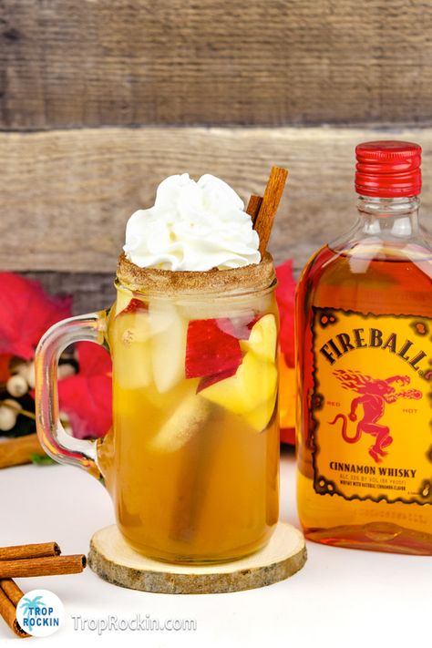 Carmel Apple Cider Fireball, Fireball Cider Cocktail, Apple Cider Cocktail With Fireball, Fireball And Apple Cider, Fireball Apple Cider Sangria, Fire Ball Drinks Cocktails, Apple Cider Fireball Drink, Apple Cider With Fireball, Apple Cider And Fireball Drink