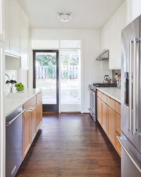 Farmhouse Galley Kitchen, Kitchen Back Door, Galley Kitchen Design Ideas, Small Galley Kitchen Designs, Small Galley Kitchen, Galley Kitchen Design, Devol Kitchens, Galley Kitchens, Glass Doors Interior