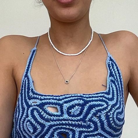 Roshni Brook | handmade crochet and knitwear 🧶 on Instagram: "Blue swirly top with tie back :) - really loved making this piece 💙 Inspired by loupystudio What do you think?? 😝 #crochettop #crochetsummertop #openback #handmadecrochet #handmadeclothing #slowfashion" Crochet Swirl Top, Tie Back Crochet Top, Crochet Tie Back Top, Crochet Tie Up Top, Crochet Swirl, Blue Crochet Top, White Crochet Top, Tøp Aesthetic, Blue White Top