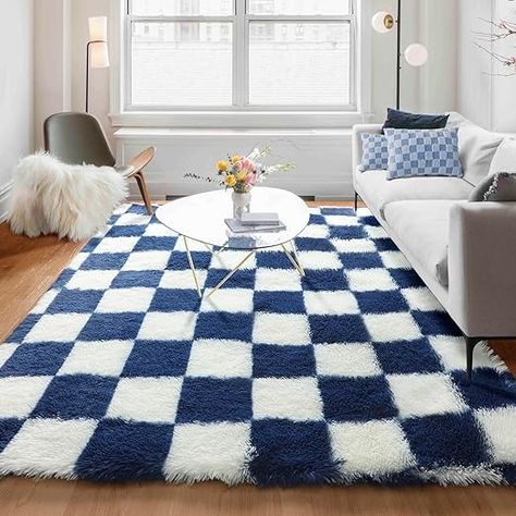 Amazon.com: KICMOR 5x8 Navy Blue and Cream White Rugs for Living Room, Fluffy Shag Checkered Rug Large Fuzzy Plush Carpet for Bedroom, Soft Shaggy Area Rug for Teen Dorm Home Decor Aesthetic, Kids Boys Room : Home & Kitchen Soft Nursery Rug, Navy Carpet, Fuzzy Area Rug, Creating Aesthetic, Living Room Hardwood Floors, Aesthetic Kids, Fluffy Rugs, White Rugs, Fuzzy Rug