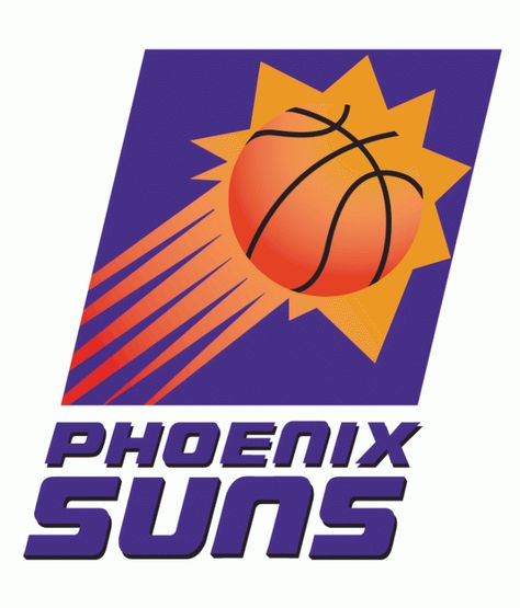 Phoenix Suns Primary Logo (1993) -  Sun streaking in a purple box above script Phoenix Suns Logo, Phoenix Suns Basketball, Suns Basketball, Hakeem Olajuwon, Penny Hardaway, Shingle Colors, Sun Logo, Easy Coloring, Nba Logo