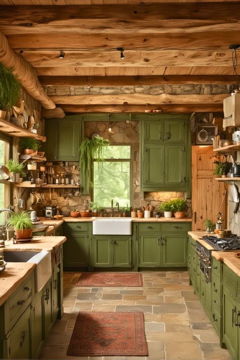 Whimsical Green Kitchen, Kitchens With Green Tiles, Green And Pine Kitchen, Green On Green Kitchen, Cottagecore Kitchen Green, Green English Kitchen, Hobbitcore Kitchen, Green Interior House, Cozy Green Kitchen