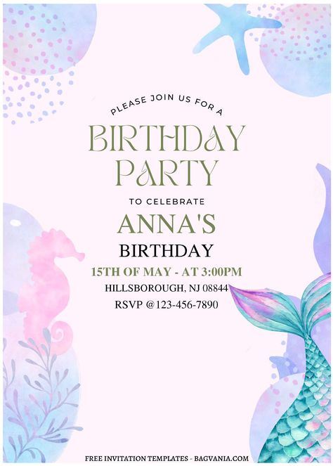 Awesome (Free Editable PDF) Watercolor Mermaid Birthday Invitation Templates #free #freeinvitation2019 #birthday #disney #invitations #invitationtemplates Mermaid Invitation Template Free, Mermaid Birthday Invitations Free, Little Mermaid Invitations, Mermaid Party Invitations, Mermaid Baby Shower Invitations, Bday Party Invitations, Birthday Party Invitations Free, Mermaid Birthday Party Invitations, Mermaid Theme Birthday Party