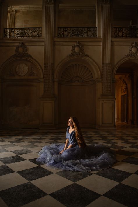 A woman in a periwinkle ball gown walks through the halls of an old gilded age mansion exploring different rooms Mansion Photoshoot, Lynnwood Hall, Castle Photoshoot, Lynnewood Hall, Tall Doors, Gilded Age Mansions, 32nd Birthday, Bedroom Closets, 32 Birthday