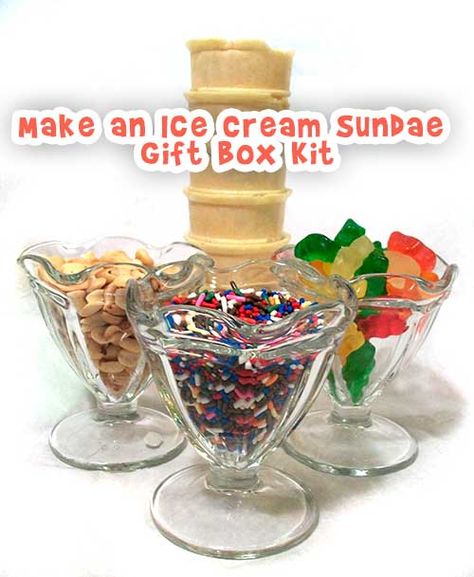 Sundae Gift Basket Ideas, Ice Cream Sunday Gift Basket Ideas, Ice Cream Sundae Basket, Ice Cream Maker Gift Basket Ideas, Sundae Kit Gift, Ice Cream Sundae Gift Basket Diy, Ice Cream Gift Basket Ideas, Ice Cream Gift Basket, Craft Ice Cream