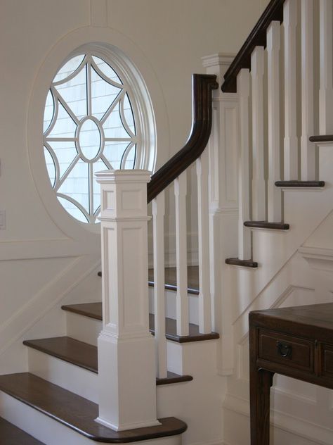 Create architectural interest with your staircase by adding a chunky newel post at the foot of the stairs Lob Bob, Handrail Design, Traditional Staircase, Staircase Remodel, Round Window, Newel Posts, Foyer Decorating, Character Home, Stair Railing