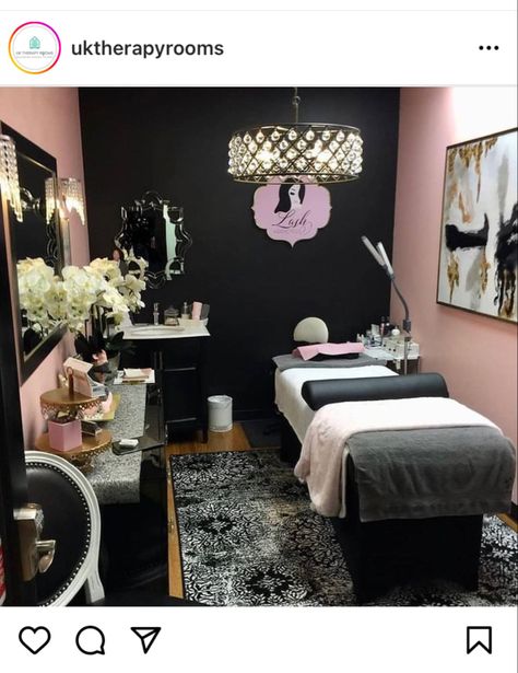 Purple Lash Tech Studio, Garage Lash Studio, Pink And Black Esthetician Room, Lash Room Inspo Black, Black And Gold Spa Room, Lash Room Ideas Black, Pink And Black Lash Room, Black Lash Room Decor, Lash Suite Ideas Black