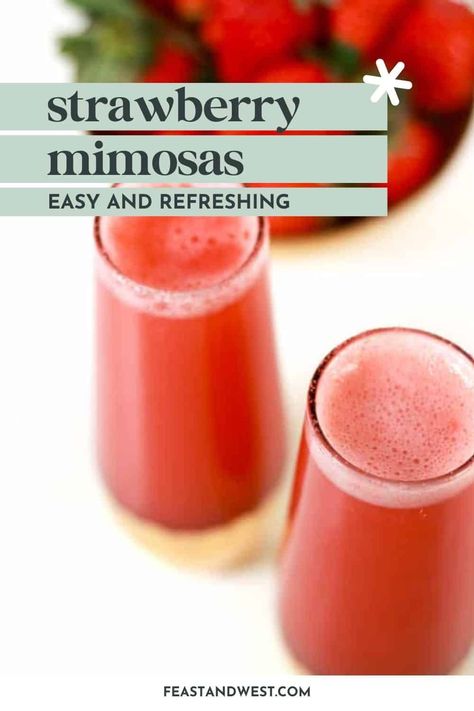 Strawberry Mimosas just make brunch rosy! Whether you make them for a weekend with gal pals, a wedding shower or a celebration like Easter, Mother's Day or Valentine's Day, these sparkling pink mimosas are the perfect way to toast the day ahead. Mimosa Garnish Ideas, Pink Mimosas, Strawberry Mimosa Recipe, Strawberry Mimosas, How To Make Mimosas, Non Alcoholic Mimosa, Mimosa Recipes, Strawberry Mimosa, Frozen Drinks Alcohol