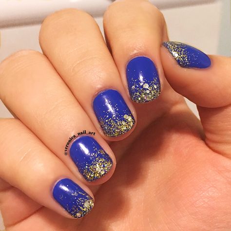 Royal Blue And Rose Gold Nails, Gold And Royal Blue Nails, Royal Blue Gold Nails, Royal Blue And Gold Nails, Ravenclaw Nails, Royal Blue And Silver Nails, Blue Sparkly Nails, Hockey Nails, Blue Gold Nails