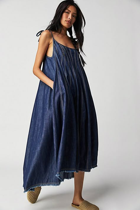 Just as effortless as it is essential, this goes-with-anything midi dress is featured in a free and flowy silhouette and soft denim fabrication with defined seaming throughout for added dimension. **Fit:** Shapeless, flowy fit **Features:** Square neckline, dropped armholes, lower back hem, tie closure at shoulders, raw bottom hem **Why We | Denim Dreams Midi Dress by Free People in Dark Wash, Size: XS Navy Blue Fashion, 70s Fashion Outfits, Simple Dress Pattern, Outfit Links, Simple Casual Outfits, Mom Wardrobe, Mom Bod, Diy Shop, Future Clothes