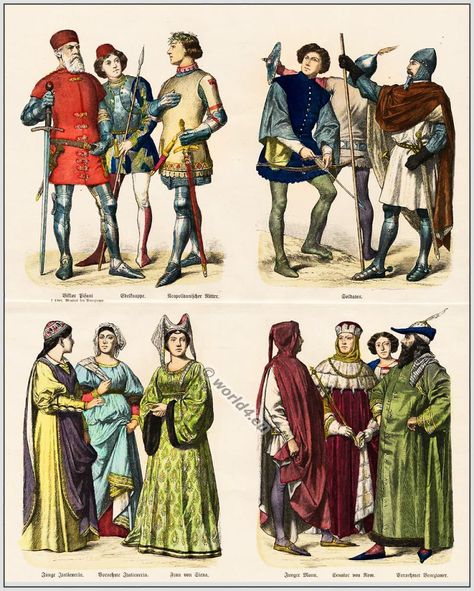 Italian 14th century clothing. Viktor Pisiani, Venetian Admiral. Italian pages, Neapolitan knight, soldiers, archer. Italian women, nobles of Siena. Senator of Rome, noble Venetians Burgundian Fashion, 14th Century Fashion, Italian Gothic, 15th Century Fashion, 14th Century Clothing, Venetian Costumes, Middle Ages Clothing, Italian Costume, German Costume