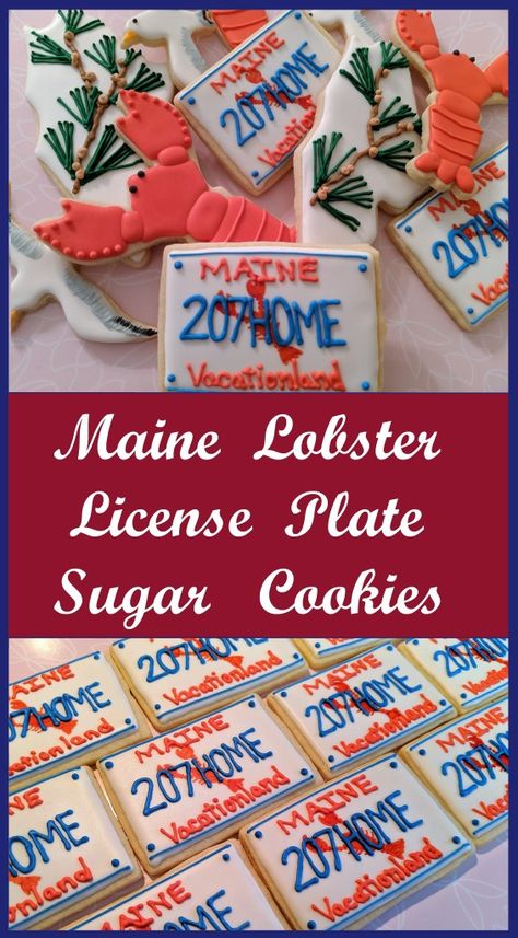 Try these classic Maine license plate cookies today! Perfect for parties and thank you gifts! Maine Themed Party, Cookie Decorating Tutorial, Sugar Cookie Decorating, Baking Power, Blue Icing, License Plate Designs, Decorated Cookies Tutorial, Swap Ideas, Cookie Tutorials