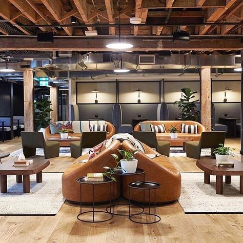 Simply symmetrical. #wework 📸 @thedefectors Cowork Space, Corporate Office Furniture, Office Lounge Area, Coworking Space Design, Mark Henry, Commercial Office Design, Open Space Office, Cladding Design, Shared Office Space