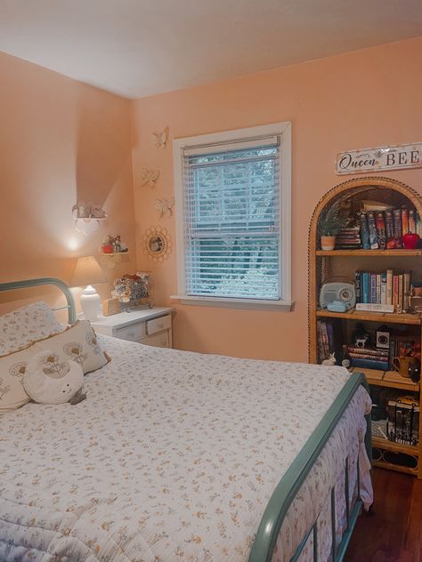 Peach Wall Bedroom Ideas, Peach Room Ideas Bedroom, Salmon Walls Bedroom, Bedroom Peach Walls, Peach Orange Bedroom, Peach And Green Room, Orange Wall Room, Light Peach Wall Color, Light Orange Room