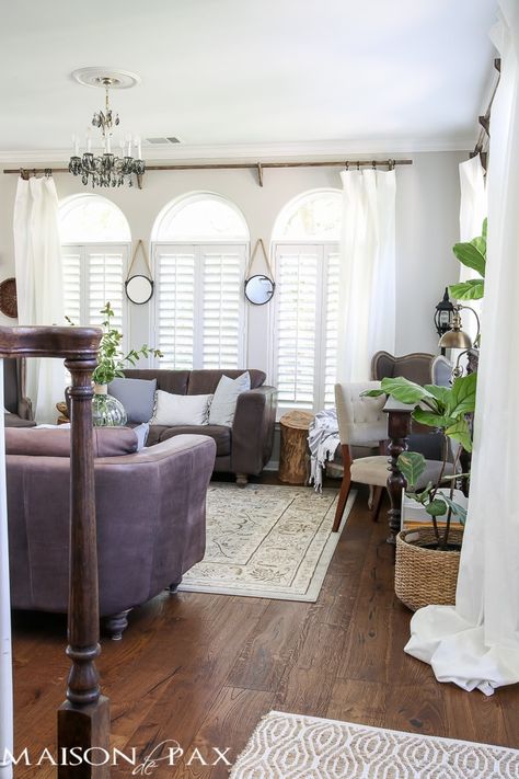 DIY real wood curtain rods with a Restoration Hardware look for a fraction of the price | maisondepax.com #DIY #Curtains Shutters With Curtains, Wood Curtain Rods, Diy Curtain Rods, Diy Curtain, Restoration Hardware Inspired, Wood Curtain, Dark Furniture, Living Room Decor Curtains, Affordable Decor