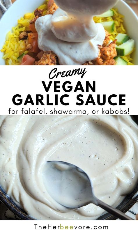 This Vegan Garlic Sauce for falafel, kebab, or shawarma is light and creamy, dairy free, and loaded with zesty garlicky flavor.  This plant based garlic sauce is ready in 5 minutes in your blender or food processor, and is gluten free. A great addition to a Buddha Bowl, tacos, or gyros. Vegan Garlic Cream Sauce, Vegan Falafel Sauce, Tofu White Sauce, Vegan Garlic Dip, Falafel Kebab, Sauce For Falafel, Vegan Garlic Sauce, Falafel Sauce Recipe, Shawarma Garlic Sauce