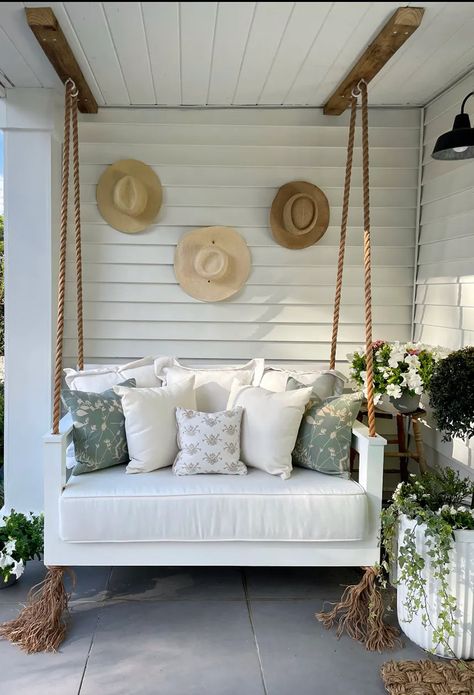 Jazzy Jeff, Front Porch Furniture, Hanging Daybed, Porch Bed, Front Porch Swing, Outdoor Mattress, Porch Swing Bed, Indoor Swing, Southern Living Homes