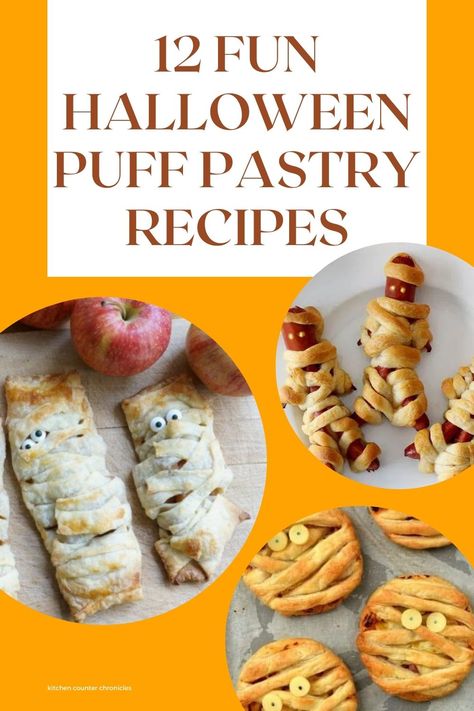 Phyllo Dough Halloween, Halloween Food Puff Pastry, Halloween Pastries Ideas, Puff Pastry Halloween Treats, Puff Pastry Recipes Halloween, Halloween Savoury Party Food, Spooky Pastries, Puff Pastry Halloween Recipes, Halloween Pastry Ideas