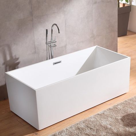 67 Inch Rectangle Freestanding Acrylic White Bathtub with Chrome Linear Overflow and Center Drain Wide Bathtub, Reglaze Bathtub, White Bathtub, Jacuzzi Bathtub, White Tub, Bathtub Remodel, Corner Tub, Back To Wall Bath, White Bath