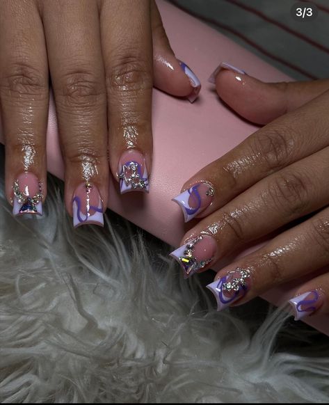 Shorties Nails Orange, Shorties Nails Purple, Purple Short Nails Ideas, Purple French Tips Short, Short Square Acrylic Nails Purple, Purple Acrylic Nails With Charms, Short Purple Nail Designs, Short Junk Nails Blue, Short Nails With Butterfly Charms