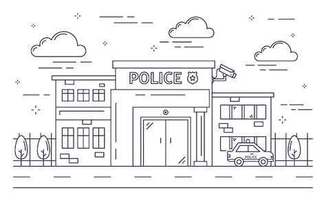 Police station building. Premium Vector | Premium Vector #Freepik #vector #police-station #police #patrol #police-officer Police Station Drawing, Station Drawing, Preschool Community Helpers Theme, Police Art, Family Coloring Pages, Line Doodles, Colour Architecture, City Sketch, Community Helper