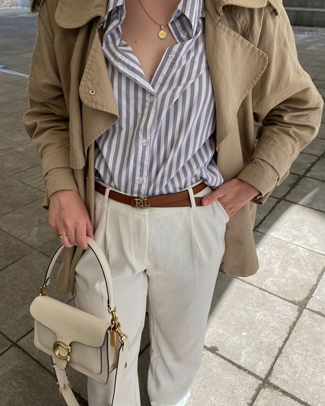 Striped blouse, Arket trenchcoat, white wide leg trousers, Ralph Lauren cognac belt and my coach tabby bag in white Coach Tabby White, Ralph Lauren Belt Outfit, Coach Tabby 26 Outfit, Coach Tabby Bag, Coach Tabby 26, Cognac Belt, Ralph Lauren Belt, White Wide Leg Trousers, Fashion Staples