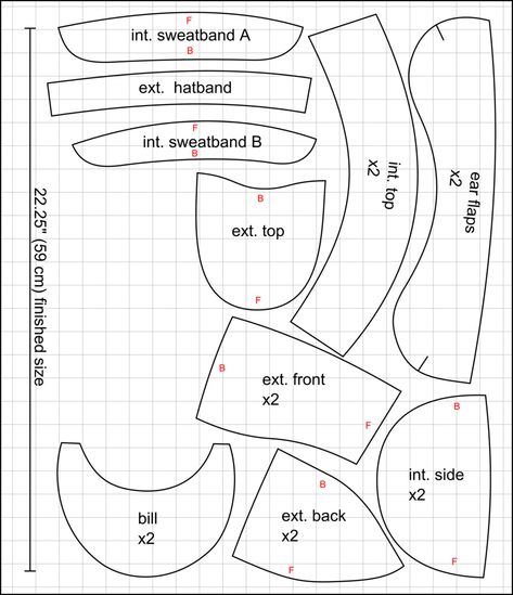 pieces to scale with each other with 1-inch squares from size 59 swedish field cap Hat Patterns To Sew Free, Welding Cap Pattern, Welding Hats, Pola Topi, Welder Cap, Welding Cap, Doll Shoe Patterns, Welding Caps, Hat Patterns Free