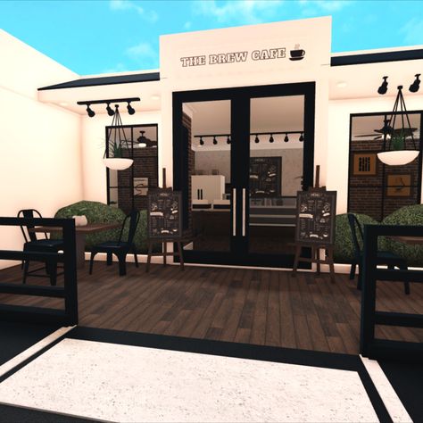 █▓▒▒░░░bloxburg build: the brew modern cafe░░░▒▒▓█ Cafe Ideas Design Bloxburg, Cute Bloxburg Resturants, Cute Bloxburg Cafe Ideas Layout, Aesthetic Bloxburg Cafe Decal Codes, Bloxburg Cafe Inspo Exterior, Blocksburg Cafe Ideas, Bloxburg Cafe Ideas Outside, Bloxburg Cafe With Apartment, Cafe In Bloxburg Layout