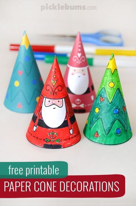 Paper Cone Christmas decorations - make Santa and a Christmas tree using this easy free printable Cone Christmas Decorations, Candy Christmas Tree, Christmas Cones, Christmas Star Decorations, How To Make Christmas Tree, Cone Christmas Trees, Paper Cones, Paper Christmas Tree, Christmas Tree Crafts