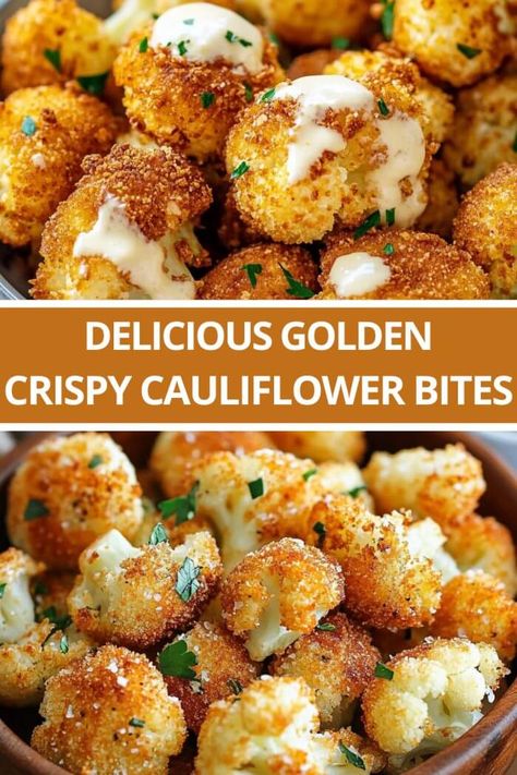 Golden Crispy Cauliflower Bites Cauliflower Appetizers Easy, Crispy Cauliflower Bites, Breaded Cauliflower, Tailgate Foods, Baked Cauliflower Bites, Fried Snacks, Crispy Cauliflower, Cauliflower Bread, Cauliflower Wings