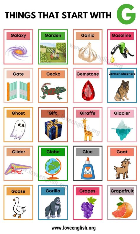 Things That Start With A, G Words For Kids, Dayhome Activities, C Words, Letter A Words, Screen Wallpaper Iphone, English Knowledge, Dinosaur Alphabet, G Words