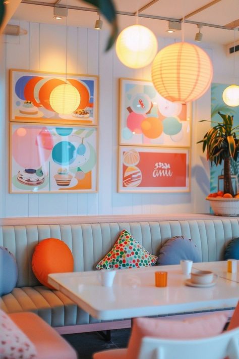 Cozy Cafe Poster in Risograph Style with Colorful Pastries #CafeVibes #CozyCafe #PastelAesthetic #RisographArt #ColorfulPastries #SoftLighting #AfternoonRelaxation #CoffeeTime #InstaFood #InteriorDesign #ArtisticCoffee #SweetTreats #Ch Colorful Coffee Shop Interiors, Cafe Interior Colorful, Pop Art Coffee Shop, Cafe Interior Design Colorful, Coffee Shop Design Colorful, Fun Cafe Interior, Vibrant Coffee Shop, Art Cafe Aesthetic, Colorful Cafe Interior