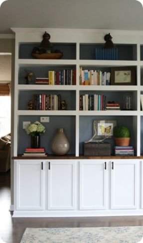 DIY built in bookcases. love the paint in the shelves. Swag Dress, Storage Bookcase, White Bookshelves, Thrifty Decor Chick, Thrifty Decor, White Bookcase, Record Storage, Bookshelves Diy, Built In Bookcase