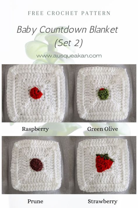 A crochet granny square pattern inspired by the fruit and vegetable themed baby countdown. Set 2 cover weeks 8-11: raspberry, green olive, prune, and strawberry. #crochet #crochetpattern #freecrochetpattern #freepattern #grannysquare #grannysquareblanket #crochetblanket #crochetfruit #crochetvegetables #babycountdown #homedecor #handmade Strawberry Granny Square Free Pattern, Crochet Strawberry Granny Square, Strawberry Granny Square, Baby Countdown, Crochet Strawberry, Crochet Fruit, Crochet Design Pattern, Crochet Square Patterns, Blanket Set