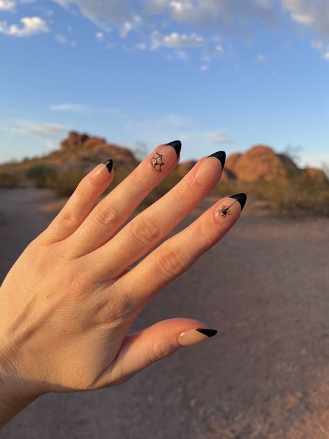 Halloween Nails Spider Web French Tip, Black French Halloween Nails, Black French Tip Nails Halloween, Black French Tip Halloween Nails, Black French Tip Almond Nails, Black French Tip Almond, Spider Halloween Nails, Nails With Spider, Tip Almond Nails