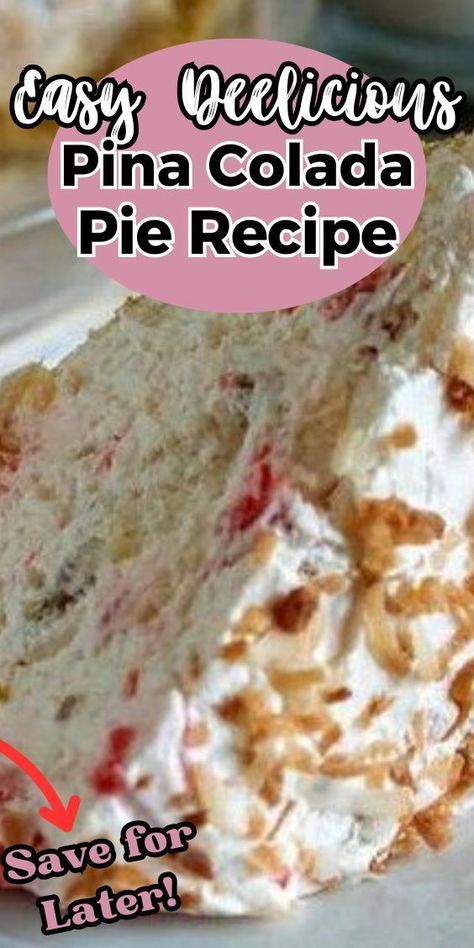 This Pina Colada Pie is beyond amazing! Every bite is filled with toasted coconut with a graham cracker crust and a creamy coconut filling with crushed pineapple, crunchy pecans, and maraschino cherries. Pins Colada Pie, Pina Colada Dessert, Pina Colada Pie Recipe, Pins Colada, Pina Colada Pie, Crust Designs, Quick And Easy Sweet Treats, Pie Crust Designs, Coconut Filling