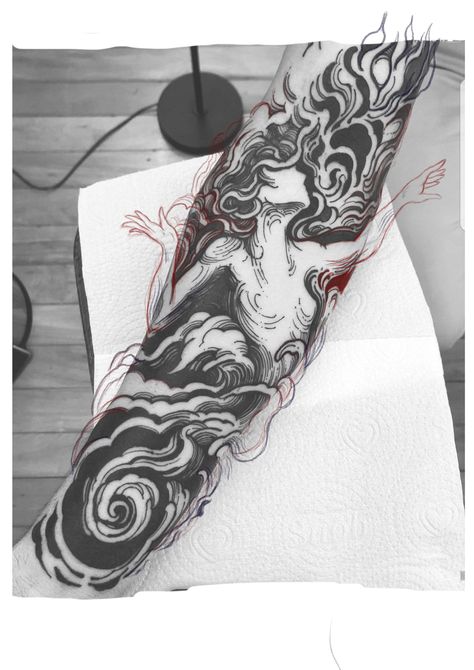 Full Body Sleeve Tattoo, Amphitrite Tattoo, Dark Sleeve Tattoo, Dark Japanese Tattoo, Blackwork Sleeve Tattoo, Big Tattoo Designs, Blackout Tattoo Design, Asian Tattoo Ideas, Band Tattoo Ideas