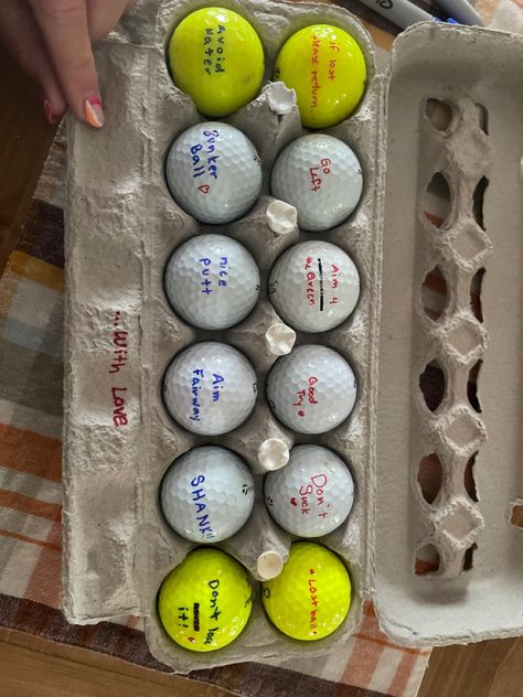 Funny Golf Balls, Decorating Golf Balls For Boyfriend, Golf Ball Decoration Ideas, Decorating Golf Balls, Golf Gift Ideas For Men, Custom Golf Balls, Golf Ball Art Diy, Golf Ball Designs Sharpie For Boyfriend, Golf Basket Ideas For Men