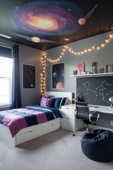 68 Amazing Painted Ceiling Ideas Hanging Stars From Ceiling, Galaxy Wall Paint, Galaxy Ceiling Diy, Galaxy Wall Paint Diy, Wall Paint Diy, Night Sky Ceiling, Painted Ceiling Ideas, Painted Ceilings, Sky Ceiling