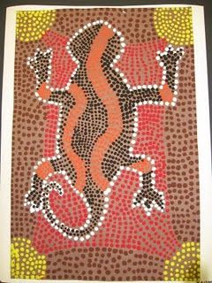 Aboriginal Lizards - Students will learn about Aboriginal art and pointillism painting using Q-tips. The subject matter could be another animal. Aboriginal Art For Kids, Canadian Aboriginal Art, Lizard Art, Aboriginal Art Symbols, Intro To Art, Aboriginal Dot Painting, Aboriginal Dot Art, 2nd Grade Art, 5th Grade Art