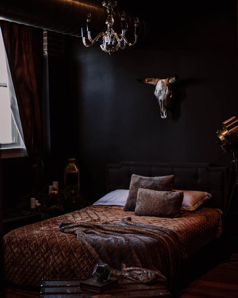 Cosy Black Bedroom, All Black Bedroom Walls, Cozy Black Bedroom, Moody Master, Darkly Inclined, Dark Cozy Bedroom, Western Goth, Gothic Inspiration, Western Gothic