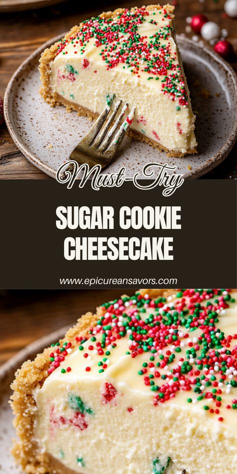 This creamy Sugar Cookie Cheesecake features a buttery cookie crust, a rich cheesecake filling, and white chocolate ganache. A festive, must-try dessert! Sugar Cookie Cheesecake, Buttery Cookie, Cookie Cheesecake, Rich Cheesecake, White Chocolate Ganache, Buttery Cookies, Cheesecake Filling, Cookie Crust, Holiday Dessert