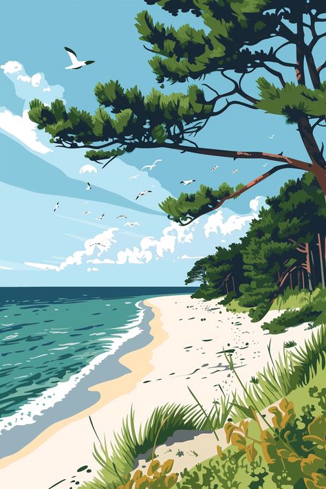 🖼️✨Travel Wall Art with Midjourney Prompts - Follow the Link in my Bio🌐🔗 Painting Of A Beach, Cartoon Landscape, Retro Painting, Travel Postcard, Oil Pastel Art, Beach Watercolor, Beach Posters, Calendar Wallpaper, Poster Pictures