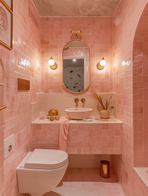 83 Small Bathroom Ideas & How To Make It Look Bigger 1 Pink Shower Room, Pink Tile Shower, Pink Shower Tile, Pink Tile Bathroom, Pink Bathroom Tiles, Pink Toilet, Small Bathtub, Zellige Tiles, Minimalist Kitchen Design