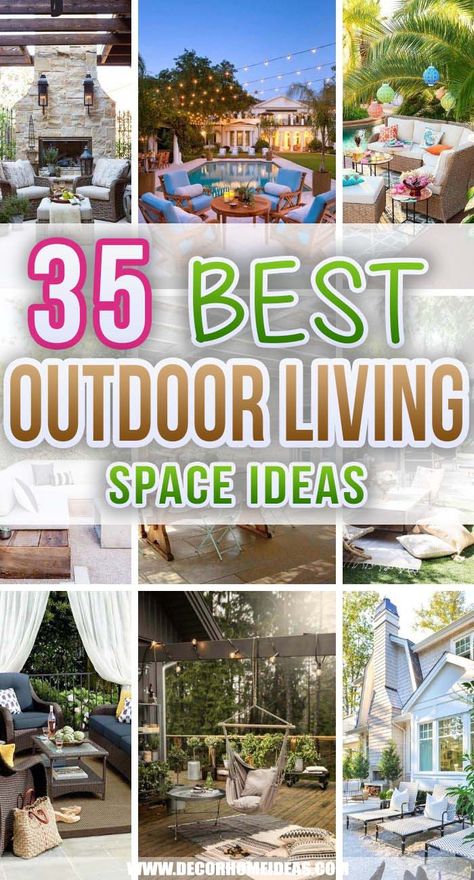 Best Outdoor Living Space Ideas. Outdoor living space ideas to help you relax outside of your home during warm weather. Some DIY projects and design ideas to inspire you. #decorhomeideas Outdoor Living Rooms On A Budget, Cool Outdoor Spaces, Outdoor Chill Area, Outside Living Spaces, Outdoor Living Room Ideas, Outdoor Spaces Ideas, Garden Landscaping Backyard, Yard Ideas Backyard, Outdoor Living Space Design