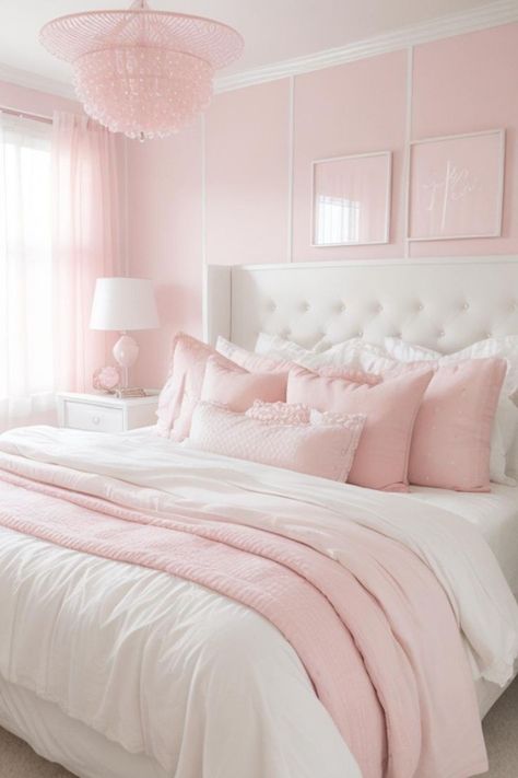 Light Pink Modern Bedroom, Classy Bedroom Pink, White Bedding With Pink Accents, Bedroom Inspirations Pink And White, Girly Bedroom Furniture, White And Pink Bedroom Aesthetic, Light Pink Girls Room, Light Pink Room Ideas, Bedroom Inspo Teen