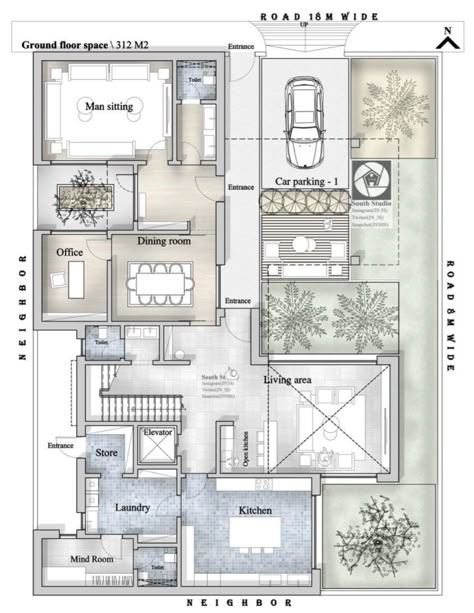 Luxury Villa Layout, Villa Layout Plan, 2 Bhk House Design, Villa Layout, South Facing House, Rendered Floor Plan, Luxury Villa Design, Floor Plans House, Plan Villa